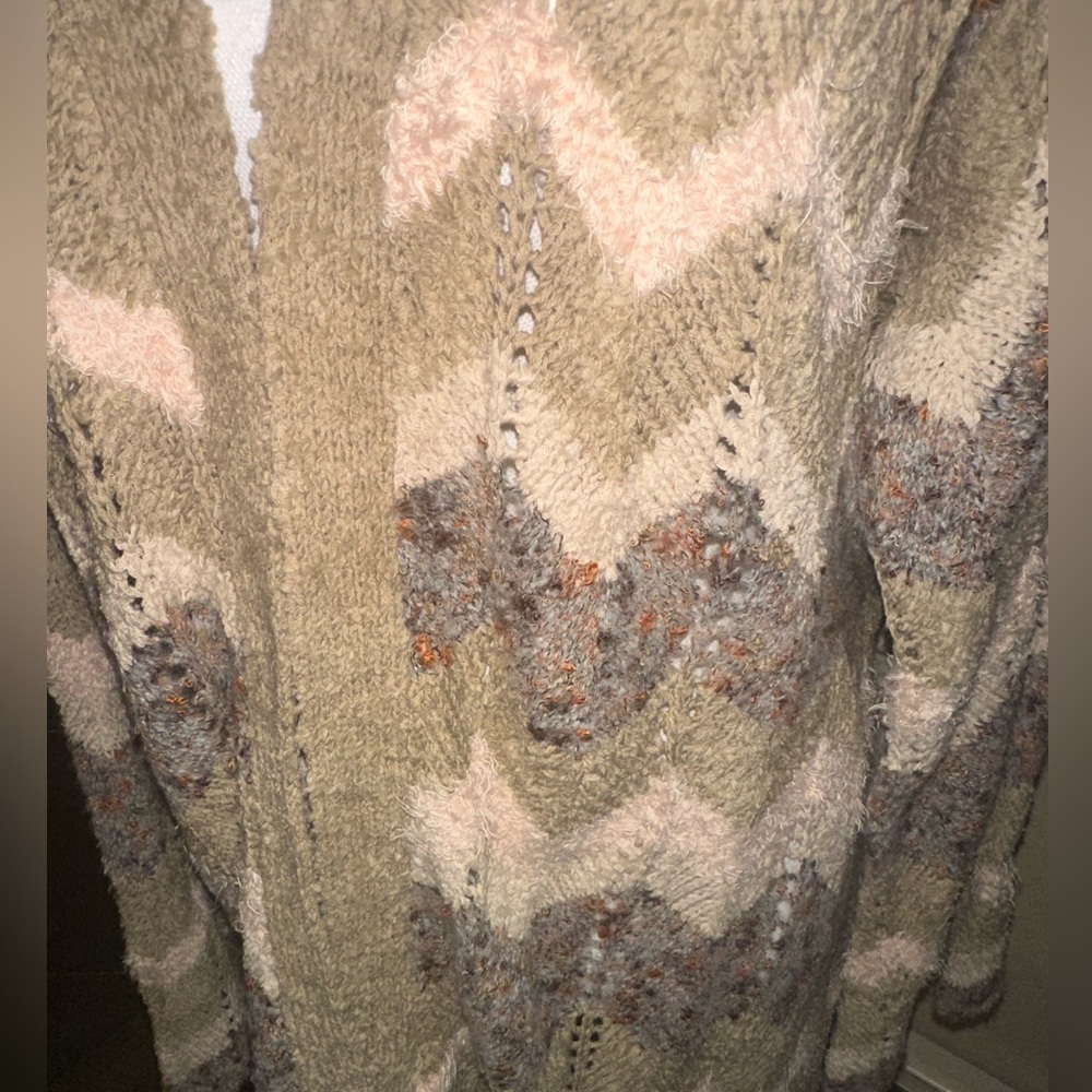 New Preswick & Moore Womens Long Cardigan Tans/ Pale Pink Boho/ Belt / size 2X - Picture 2 of 15